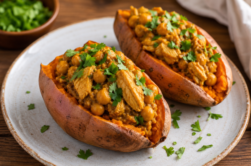 Chicken and Chickpea Curry Stuffed Sweet Potatoes